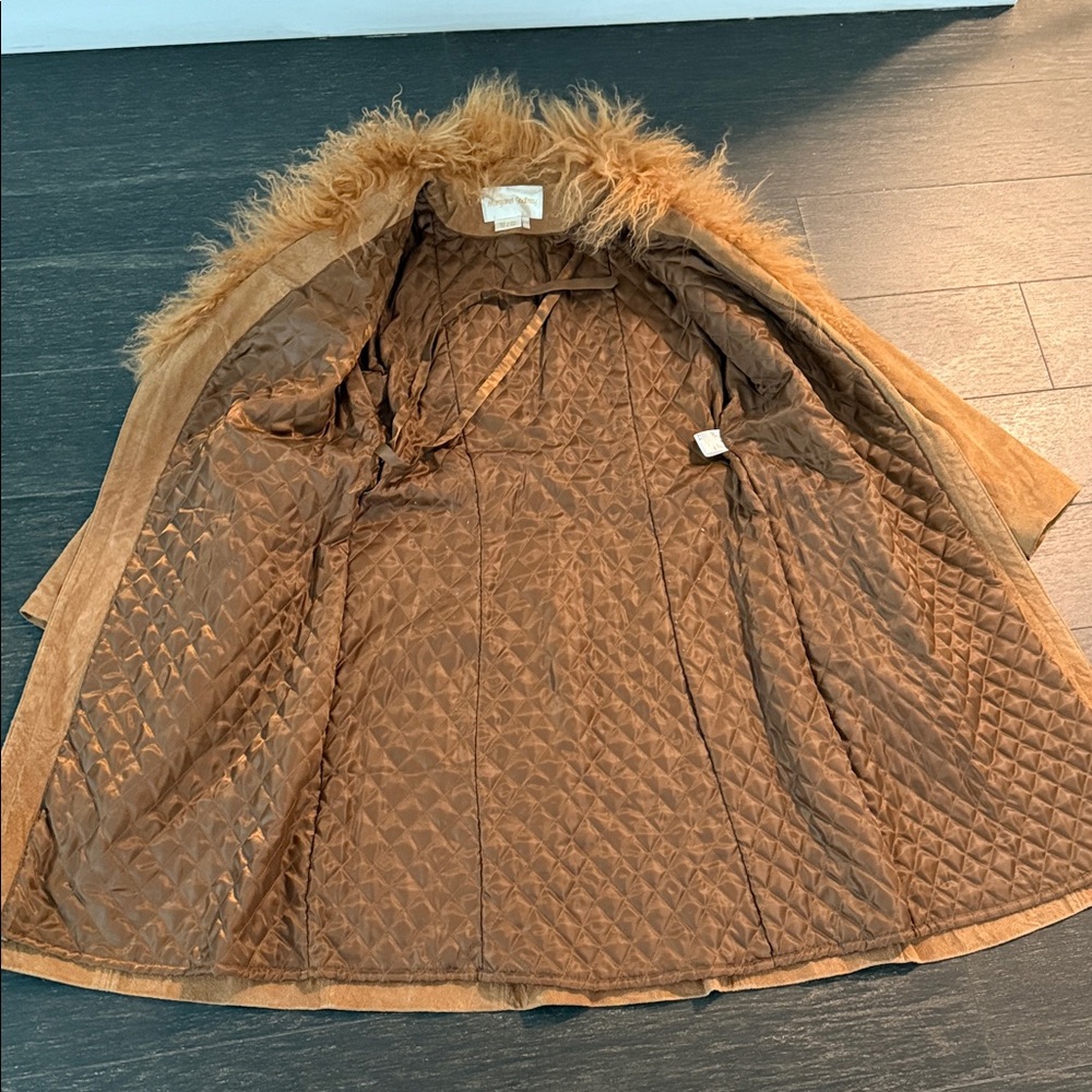 Tan Suede Coat with Mongolian Fur Collar - Picture 5 of 9